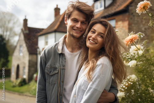 Portrait of a happy young couple standing in front of their house