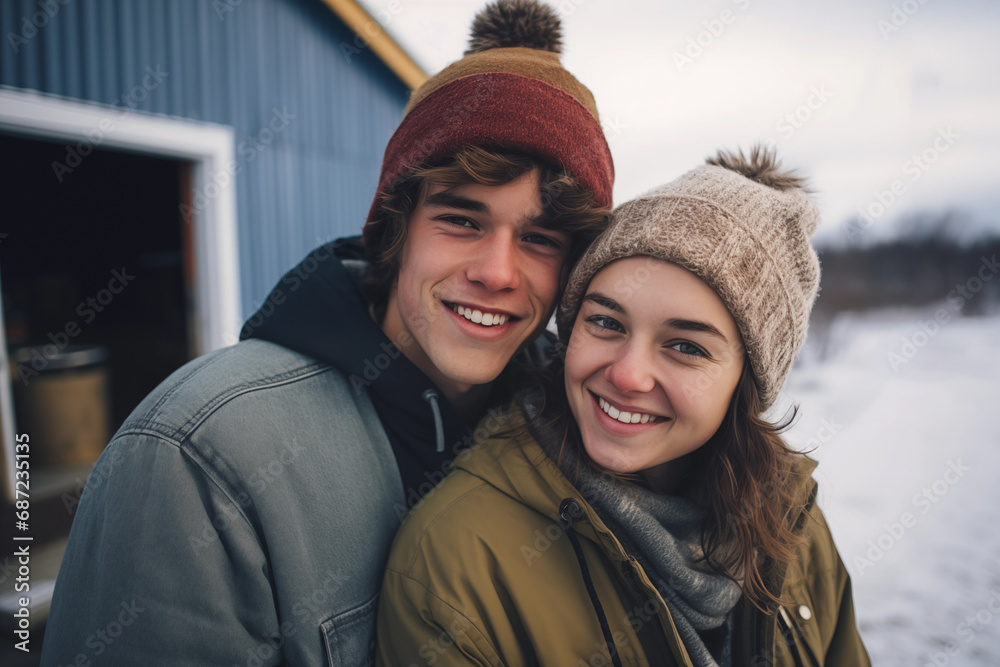 Portrait of happy young couple in winter clothes looking at camera and smiling