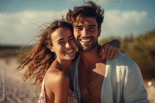 Portrait of a happy young couple embracing and smiling on the beach