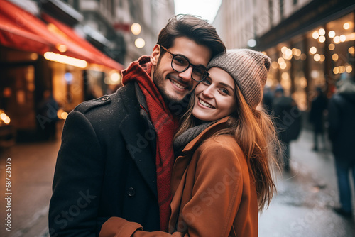 Beautiful young couple in love is hugging and smiling while walking in the city.