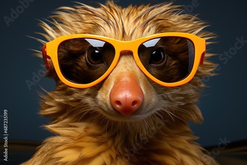 A stylish yellow animal dons cool eyewear, shielding its eyes from the sun's rays with sleek goggles