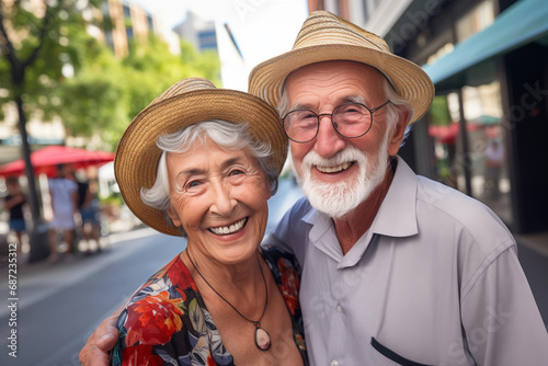Portrait of happy senior couple in hats walking together in the city. Travel in retirement © Татьяна Евдокимова