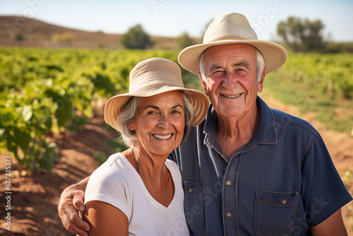 Portrait of happy senior couple standing in green field on sunny day