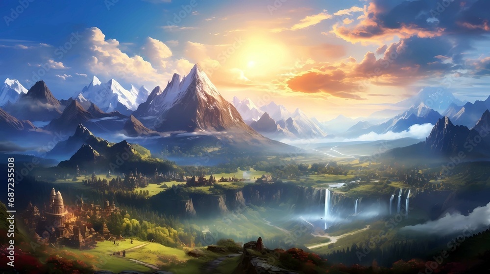 Fantasy landscape with mountains and lake in the morning, Digital painting, Generative AI illustrations.