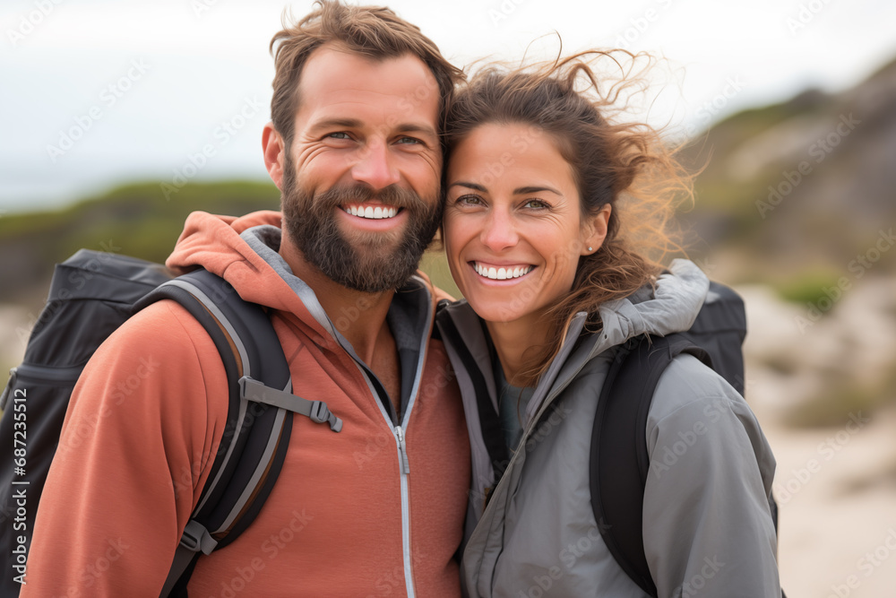 Portrait of happy couple with backpacks on the beach at the day time