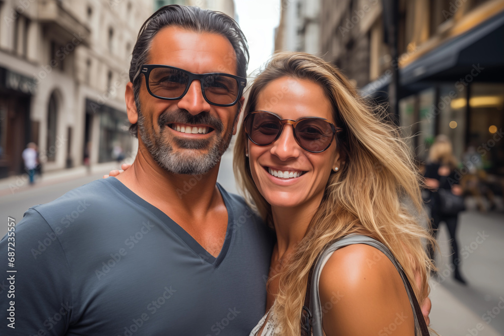 Portrait of a happy couple in sunglasses walking in the city. Traveling together Portrait of a happy couple in sunglasses walking in the city. Traveling together