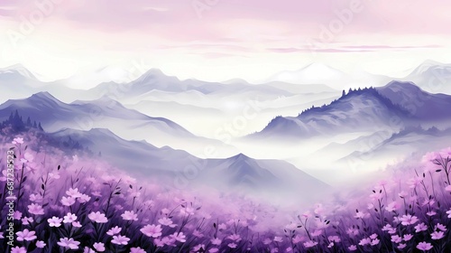 Fantasy landscape with flowers and mountains in the fog  Generative AI illustrations.