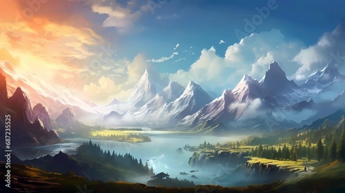 Fantasy landscape with mountains, lake and clouds, 3d illustration, Generative AI illustrations. © jbstocks