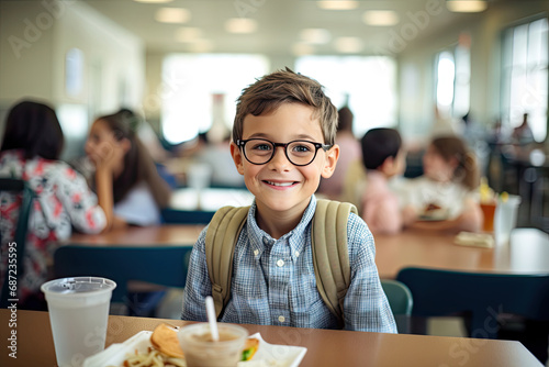 Boy in glasses sitting in a classroom, holding a healthy lunch, with schoolmates nearby.