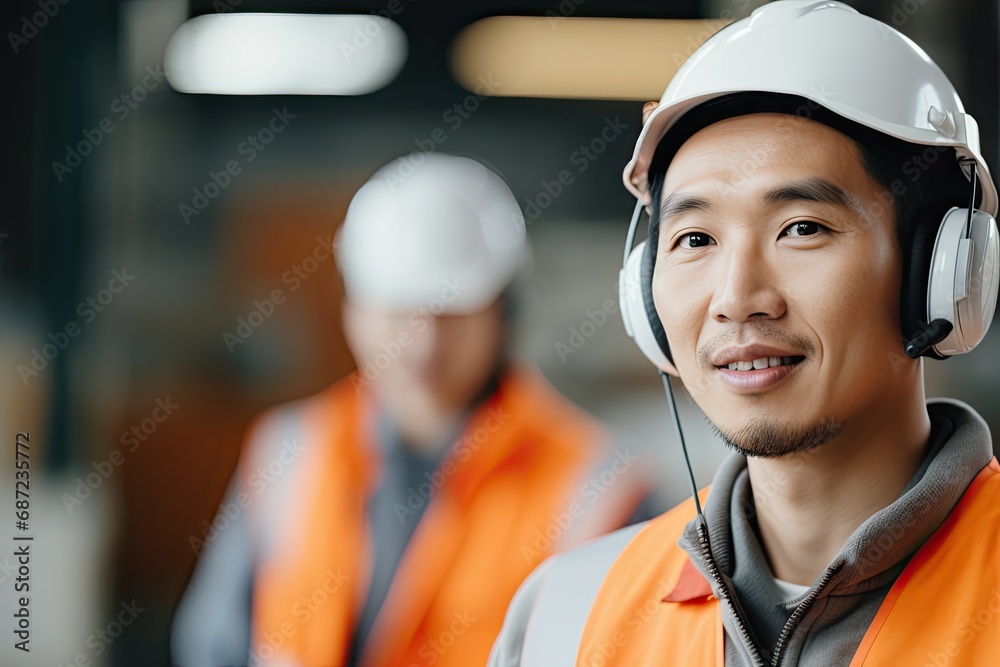 A asian team of engineers at an industrial site, wearing helmets and working together. A asian team of engineers at an industrial site, wearing helmets and working together.