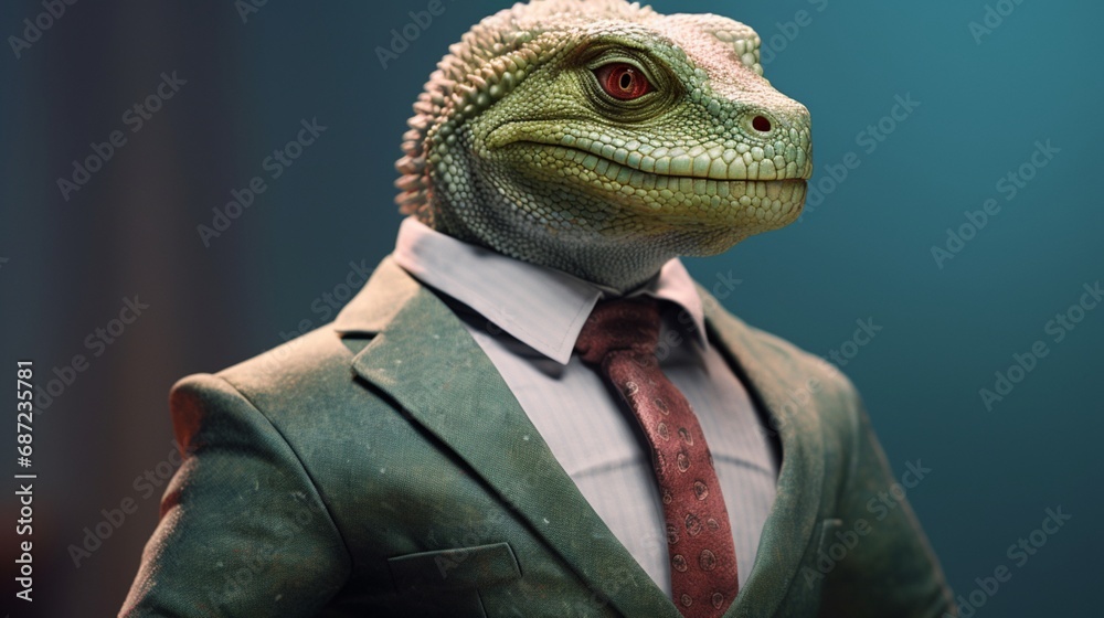 portrait of a lizard human wearing a suit.Generative AI