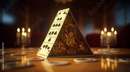Playing card pyramid on the casino table.Generative AI photo