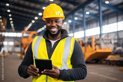 Focused black industrial engineer in a hard hat working with technology and equipment in a manufacturing facility.