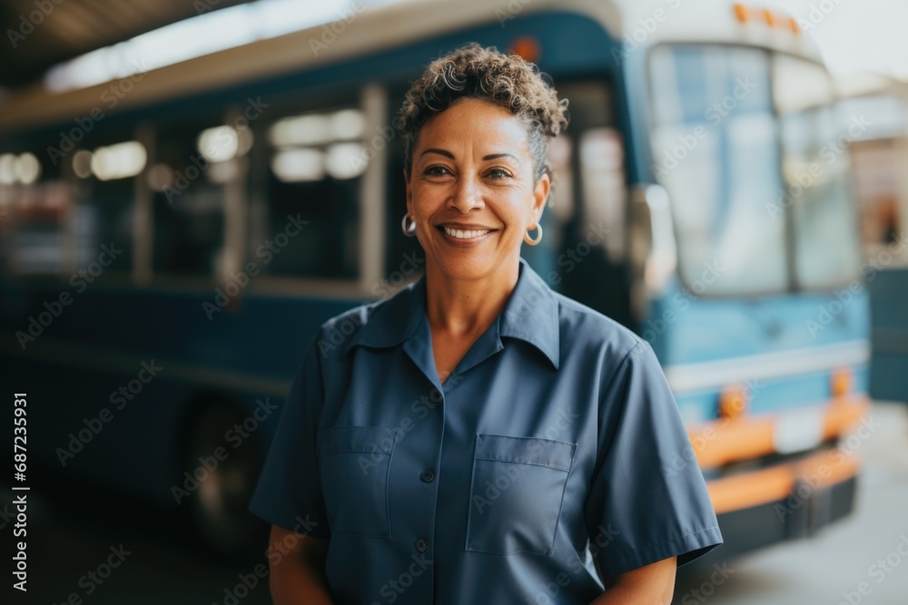 Portrait of a middle aged female bus driver - obrazy, fototapety, plakaty 