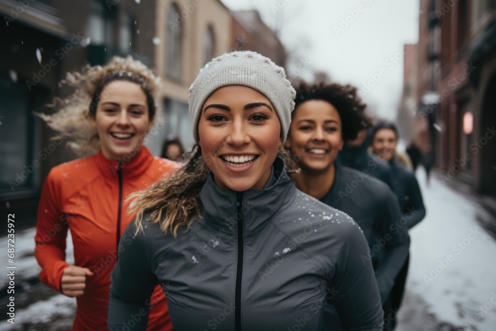 Group portrait of young women running outside in the snow Group portrait of young women running outside in the snow