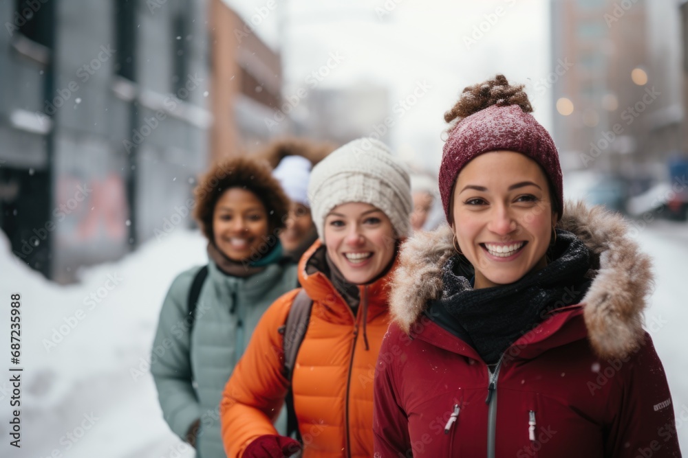 Fototapeta premium Group portrait of young women running outside in the snow