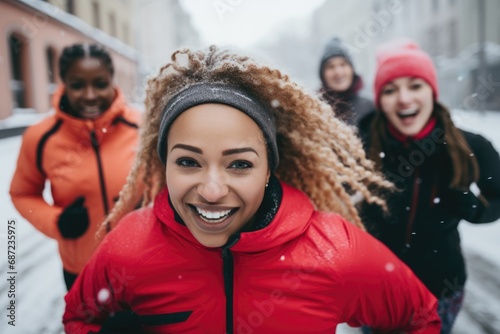 Group portrait of young women running outside in the snow © Baba Images