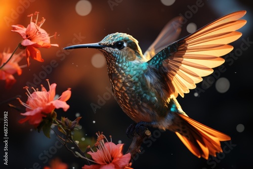 A delicate hummingbird perches gracefully on a vibrant branch adorned with colorful flowers, showcasing the beauty of nature's harmony in the great outdoors © Larisa AI