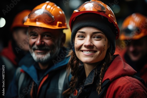 A group of smiling workers, including a woman in an orange hardhat, pose confidently outdoors in their workwear, exuding a sense of camaraderie and determination