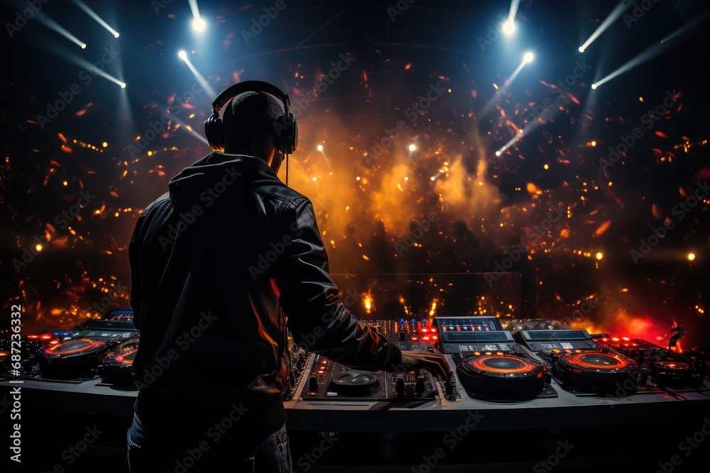 A stylish person in headphones creates a vibrant flare at the dj's desk on a lively night
