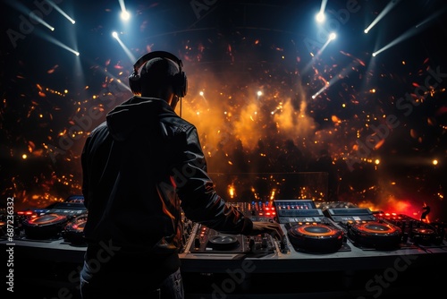 A stylish person in headphones creates a vibrant flare at the dj's desk on a lively night