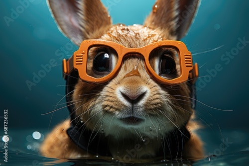 A cool and confident rabbit wearing sunglasses dives headfirst into an underwater adventure, ready to make a splash with his animal friends