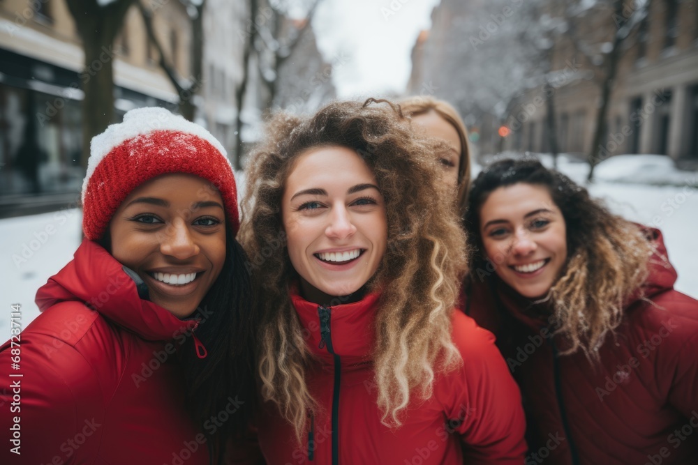 Group portrait of young women running outside in the snow