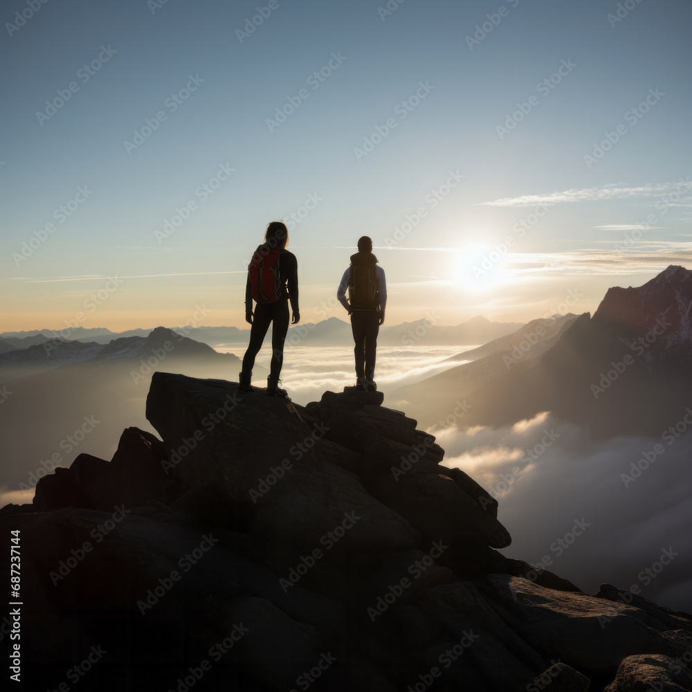 Tourists hikers standing on a mountain peak at sunrise, overlooking a valley filled with mist. Ideal for adventure, travel blogs, and outdoor gear advertisements Tourists hikers standing on a mountain peak at sunrise, overlooking a valley filled with mist. Ideal for adventure, travel blogs, and outdoor gear advertisements