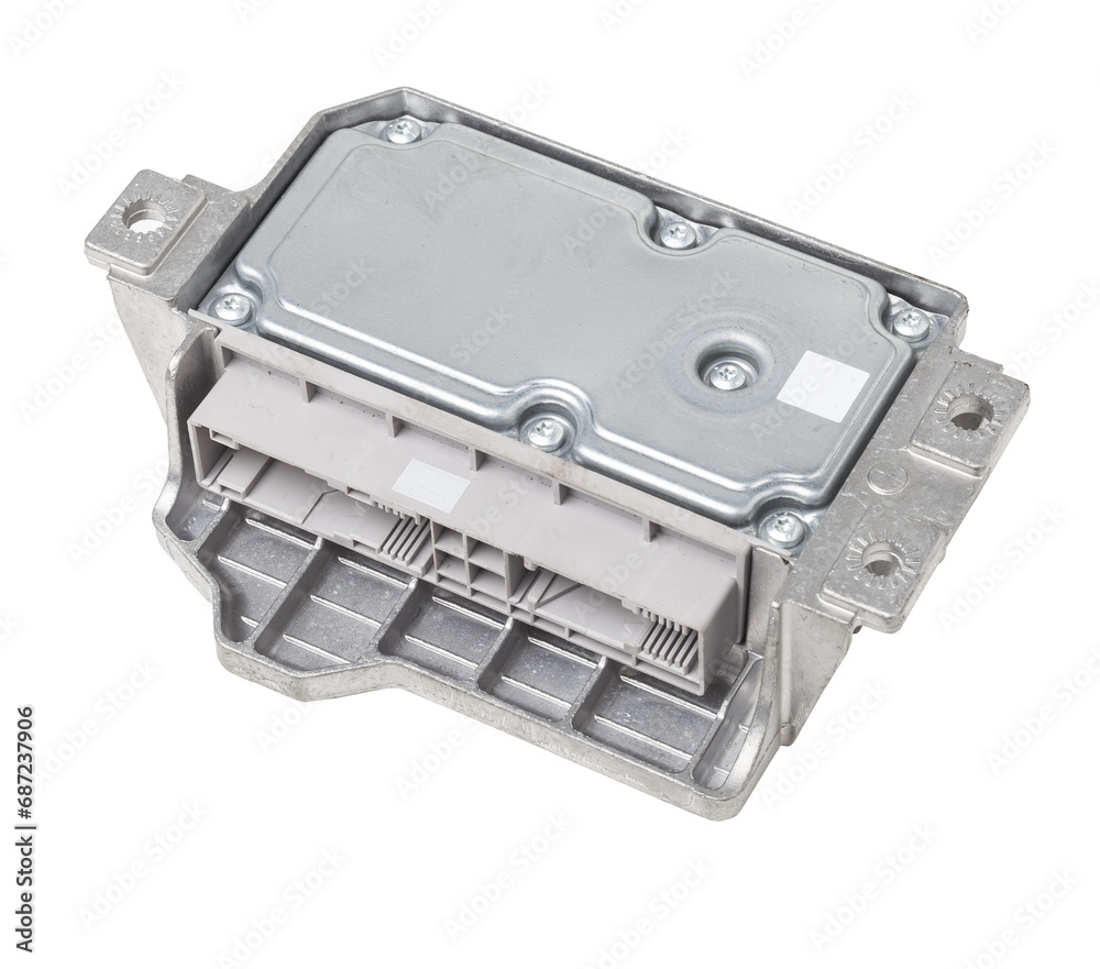car engine control unit with metal elements on a white isolated background is the connecting center of various subsystems, units and assemblies. Monitoring the state of the moment. Spare part car engine control unit with metal elements on a white isolated background is the connecting center of various subsystems, units and assemblies. Monitoring the state of the moment. Spare part