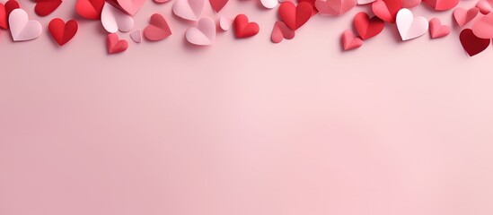 Valentine s day themed arrangement of pink and red hearts on a pink paper background Happy Valentine s day Contemporary and adorable love themed design Copy space image Place for adding text or