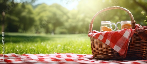 Summer picnic scene with wicker basket and red checkered tablecloth on grass in a park Copy space image Place for adding text or design