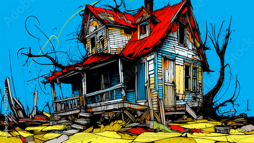 An old wooden house with dry trees in the background, depicted in the style of a comic book in bright colors.