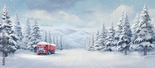 Winter scene with a festive truck carrying acrylic painted Christmas trees in the snow Copy space image Place for adding text or design