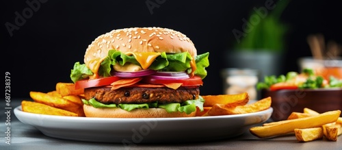 Vegan burger with carrot patties and fried potato on table Light background Space for text Copy space image Place for adding text or design