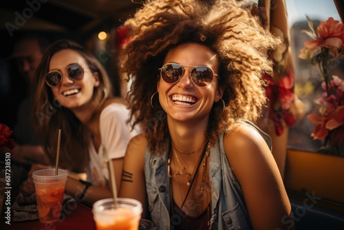 A vibrant group of stylish women enjoying a sunny outdoor bar, sipping on cocktails and laughing with their sunglasses on, radiating happiness and confidence through their beaming smiles