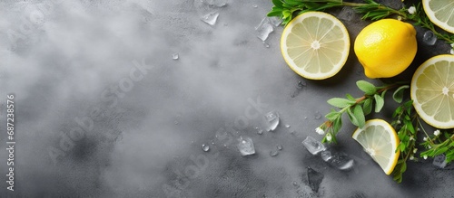 Top view of fresh oysters lemon herbs and ice on a grey background Copy space available Copy space image Place for adding text or design photo