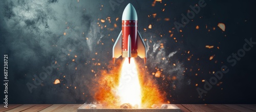 Successful business startup idea Drawing a rocket on chalk paper and blasting off from a blackboard Copy space image Place for adding text or design