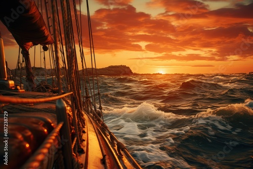 As the fiery sun dips below the horizon, a majestic sailboat glides through the tranquil ocean, its billowing sails contrasting against the vibrant sky and fluffy clouds