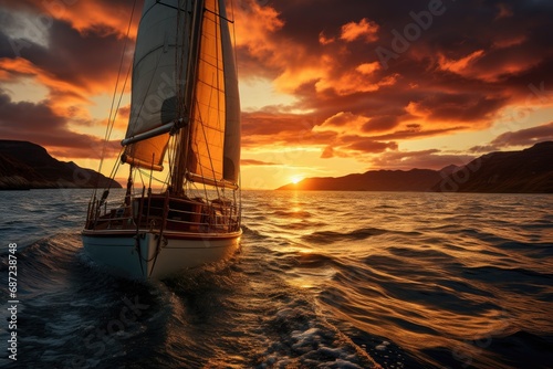 A majestic sailboat glides through the tranquil waters, its mast reaching towards the painted sky as it transports us to a peaceful sunset on the lake