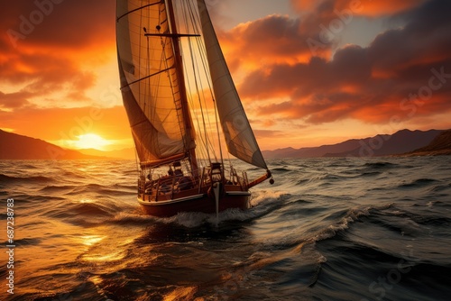 A majestic sailboat glides gracefully across the sparkling waters, its billowing sails catching the warm hues of the sunset, transporting us on a journey of adventure and freedom