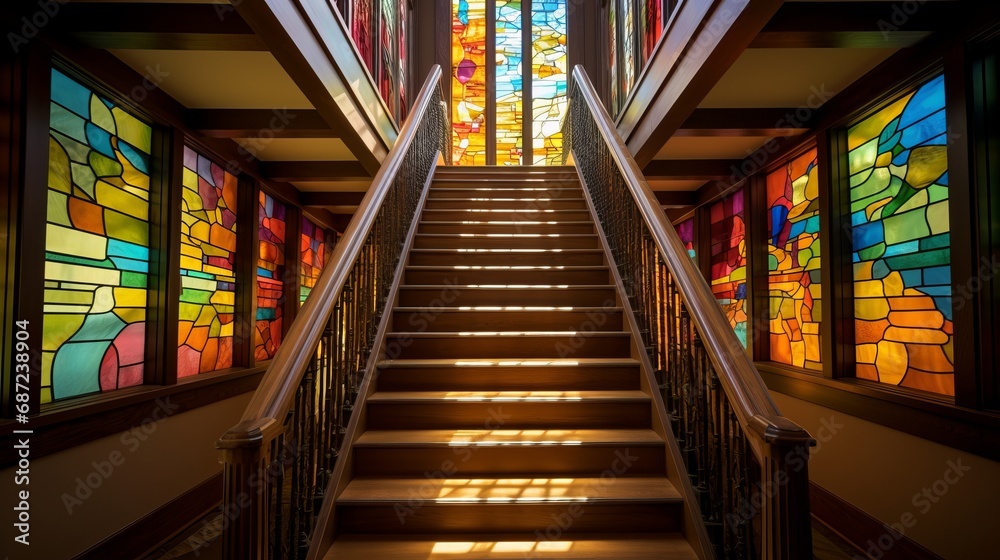 stairway with risers made of stained glass, copy space, 16:9 stairway with risers made of stained glass, copy space, 16:9