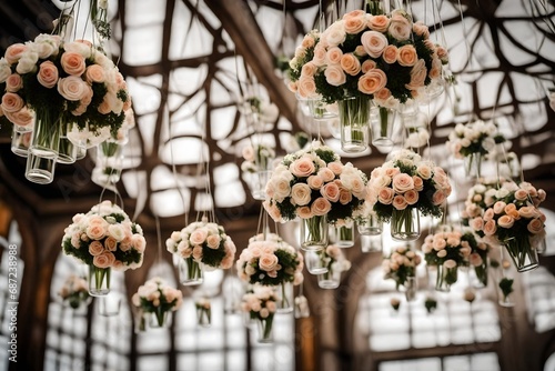 Original wedding floral decoration in the form of mini-vases and bouquets of flowers hanging from the ceiling