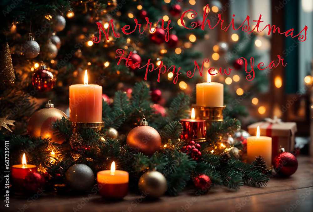 Christmas. New Year. Greeting card beautiful background burning candles under the fir tree