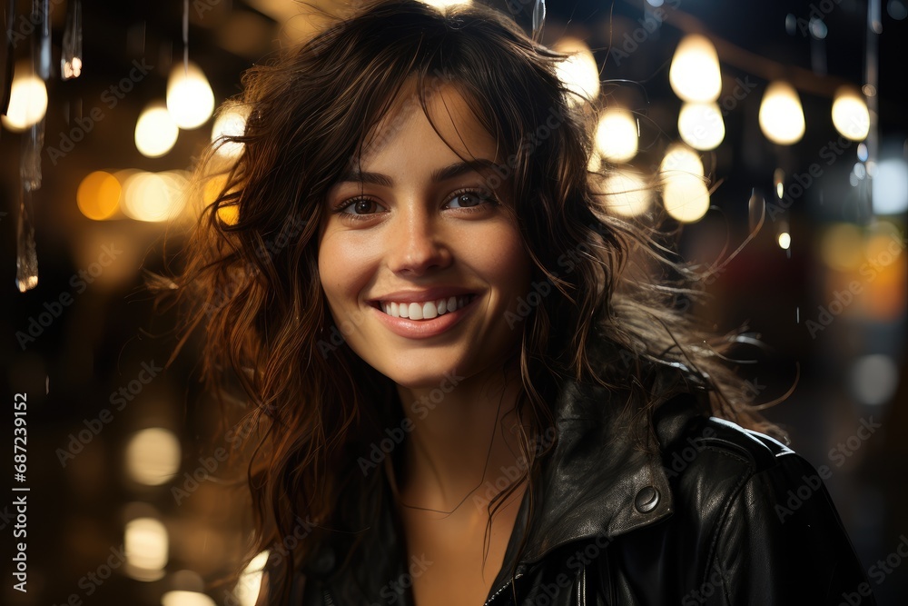 A glowing woman, her layered brown hair cascading over a jacket, radiates joy as she smiles at the camera on a dark street at night