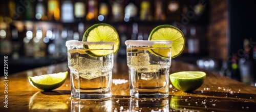 Tequila drinks in a bar with lime some in silver and gold glasses Copy space image Place for adding text or design