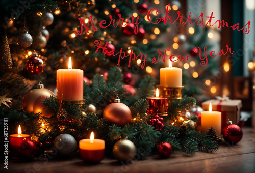 Christmas. New Year. Greeting card beautiful background burning candles under the fir tree