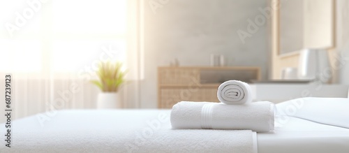 white towel on the bed Copy space image Place for adding text or design photo