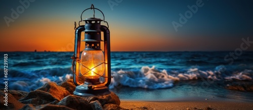 Vintage oil lantern by the sea Evening Colorful illuminated lamp Travel concept Copy space image Place for adding text or design photo