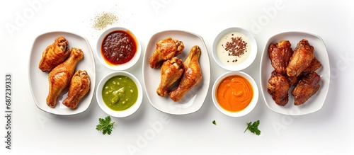 Top view of air fryer chicken wings with chili glaze and assorted sauces on a white background Copy space image Place for adding text or design