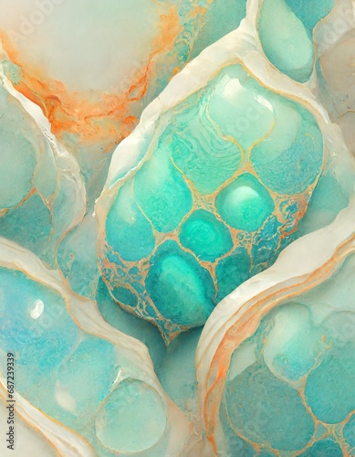 Golden and turquoise opalizing marble stone texture mosaic as background. photo